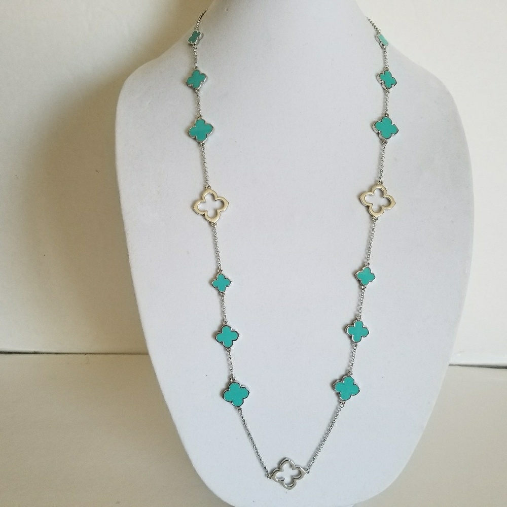Clover Silver Necklace,Turquoise Four Leaf Clover,36" long,Brand New